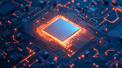 Poster - Monochrome electronic CPU digital chip, processor and electronic components on a motherboard or circuit board, microchip or microprocessor, hardware engineering, AI, and blockchain technology
