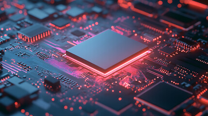 Leinwandbilder - Monochrome electronic CPU digital chip, processor and electronic components on a motherboard or circuit board, microchip or microprocessor, hardware engineering, AI, and blockchain technology