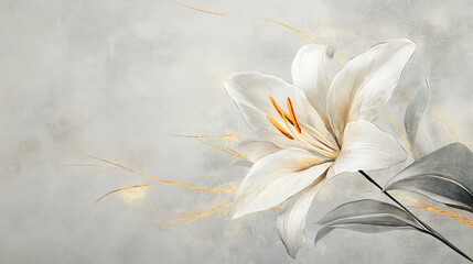 Poster - Light gray background, beige lily leaves, and gold lines in a watercolor style Soft colors and shadows