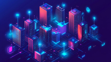 Poster - intelligent building or smart city isometric vector concept, Automation of buildings using an example of computer networking, Technology of the future: IoT platforms