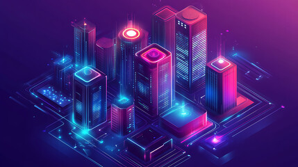 Poster - intelligent building or smart city isometric vector concept, Automation of buildings using an example of computer networking, Technology of the future: IoT platforms