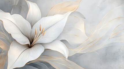Poster - Light gray background, beige lily leaves, and gold lines in a watercolor style Soft colors and shadows