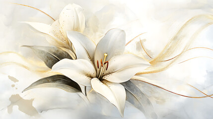 Poster - Light gray background, beige lily leaves, and gold lines in a watercolor style Soft colors and shadows