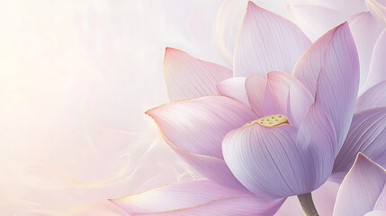 Poster - Light pink and gold lotus background linear pattern with delicate lines light purple color scheme, white space on the left side of the wallpaper