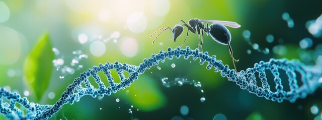 Ant carrying DNA double helix, symbolizing genetic coding in nature