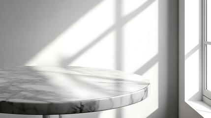 Fototapete - mockup product display, a marble table with a window shadow drop on a white wall background