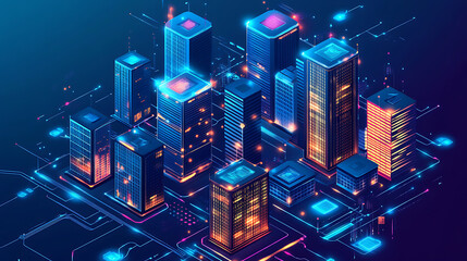Poster - intelligent building or smart city isometric vector concept, Automation of buildings using an example of computer networking, Technology of the future: IoT platforms