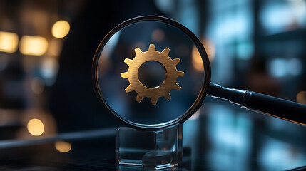 Leinwandbilder - Magnifying glass focusing on a gear, symbolizing web efficiency optimization and performance analysis