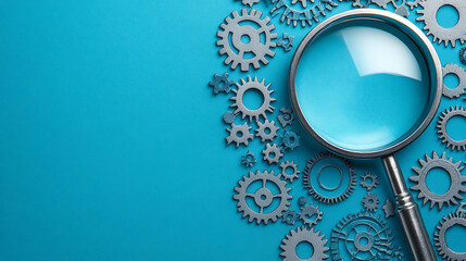 Poster - Magnifying glass and gears on blue background representing seo audit and analysis