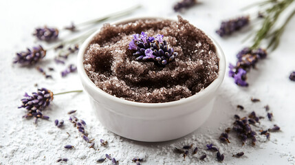 Poster - Natural lavender scrub on a white texture background, Body Scrub, Body care, Sugar peeling scrub with argan oil and Himalayan salt, spa set