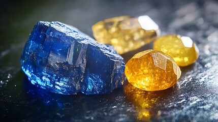 Aufkleber - Natural sapphire gemstone and yellow gemstones displayed on a shiny black surface