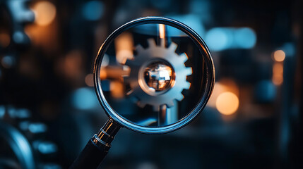Leinwandbilder - Magnifying glass focusing on a gear, symbolizing web efficiency optimization and performance analysis