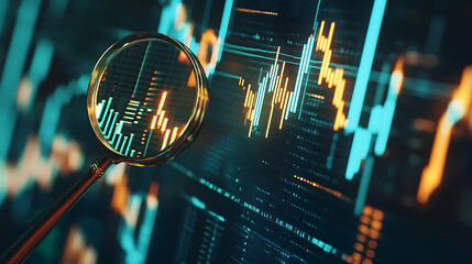 Aufkleber - Magnifying glass over digital financial charts, symbolizing data analysis and market research