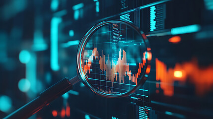 Poster - Magnifying glass over digital financial charts, symbolizing data analysis and market research