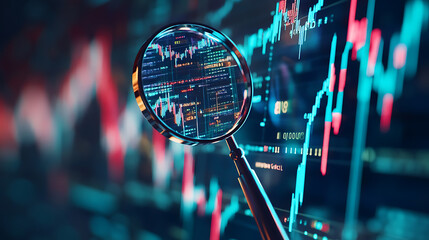 Poster - Magnifying glass over digital financial charts, symbolizing data analysis and market research