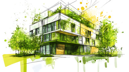 Poster - Modern green building concept sketch with sustainable design elements and eco-friendly architecture