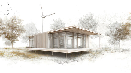 Aufkleber - Sketch of a passive house with wind turbines, emphasizing sustainable and energy-efficient living