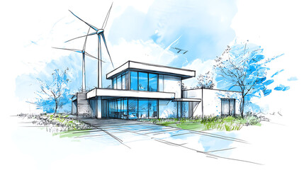 Aufkleber - Sketch of a passive house with wind turbines, emphasizing sustainable and energy-efficient living