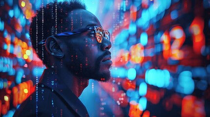 Aufkleber - African man in glasses with digital code screens, neon lights, high-tech style, AI cybersecurity threat illustration