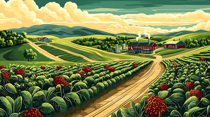 Wall Mural - The Internet of Things is transforming agriculture with smart farms that utilize wireless control, illustrated in a detailed vector graphic