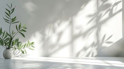 Poster - Sunlit white wall with plant leaf shadow, minimal abstract background for spring and summer product presentation