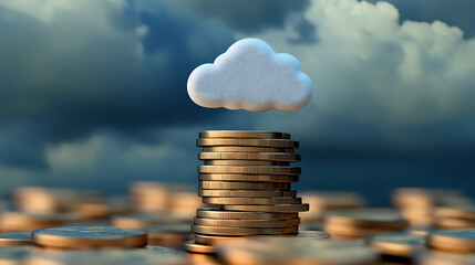 Poster - Stacks of coins with a cloud icon symbolize cloud financial planning, highlighting cost management and budgeting in cloud computing