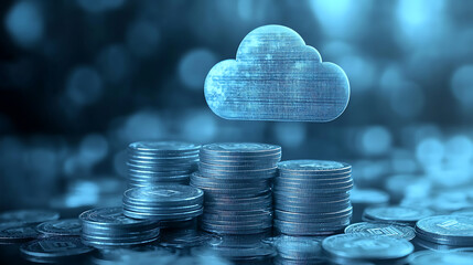 Wall Mural - Stacks of coins with a cloud icon symbolize cloud financial planning, highlighting cost management and budgeting in cloud computing