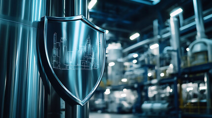 Poster - Shield with critical infrastructure protection sign in a high-tech industrial environment, symbolizing cybersecurity and defense