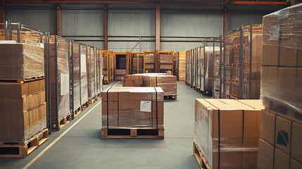 Aufkleber - Various goods packages placed on warehouse racks, awaiting transportation in an empty storage area