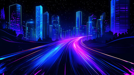 Poster - Vector background features neon light effects on a winding street, showcasing speed light streaks with blurred fast-moving light effects in blue and purple colors on black