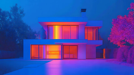 Poster - Thermal imaging device captures heat loss from a modern house at night