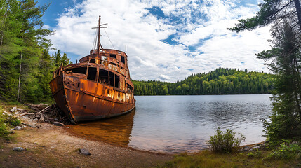 Aufkleber - Wide-angle view of a weathered, rust-covered abandoned iron ship near a lake, The Pioneer vessel rests along the shores