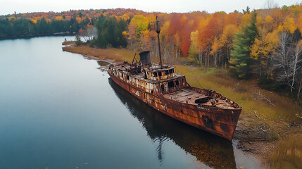 Aufkleber - Wide-angle view of a weathered, rust-covered abandoned iron ship near a lake, The Pioneer vessel rests along the shores