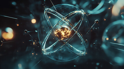 Poster - visualization of atomic structure with electrons orbiting a nucleus, representing fundamental concep