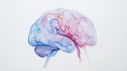 Poster - Watercolor brain illustration, minimalistic style, white background, pastel colors, soft shadows