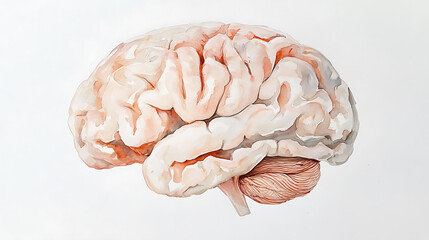 Poster - Watercolor brain illustration, minimalistic style, white background, pastel colors, soft shadows