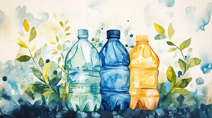 Poster - Watercolor painting of earth, plastic bottles, and greenery, symbolizing environmental conservation and sustainability