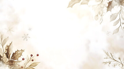 Aufkleber - Winter Watercolor Background with text Space, winter theme, minimalistic style, white and gold colors, large blank area elegant holly leaves and berries, delicate snowflakes