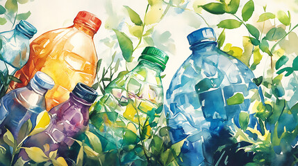 Poster - Watercolor painting of earth, plastic bottles, and greenery, symbolizing environmental conservation and sustainability