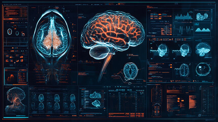 Poster - an advanced medical display showing various images and data, including the anatomy of the brain, in blue tones with orange highlights