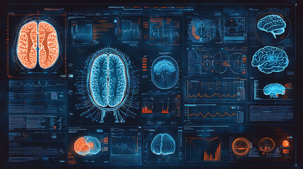 Poster - an advanced medical display showing various images and data, including the anatomy of the brain, in blue tones with orange highlights