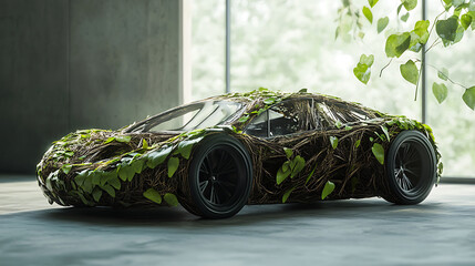 Poster - ecofriendly green car made of leaves and branches sustainable transportation