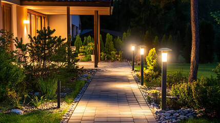 Poster - bright lighting showcasing landscape lights on the front walkway of an elegant home at night The path is lined with well-maintained landscaping and plants leading to the house's entrance