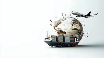 Poster - illustration of global logistics, depicting a truck and cargo ship on a globe, with an airplane flying around it and pins showing locations, against a white background