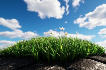 3d-rendered patch of grass with highly detailed blades and a few scattered wildflowers