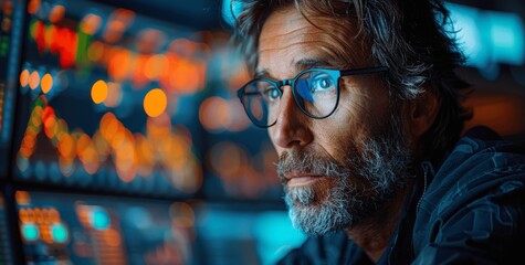 Poster - Stock market professional analyzing global trading patterns on multiple screens for optimal investment strategy, real-time financial data, and charts