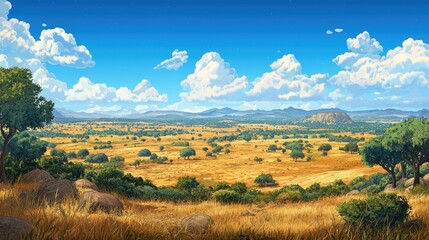 Wall Mural - A wide, sunny savanna landscape with scattered trees and a distant mountain range.