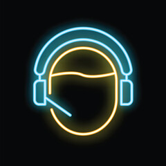 Poster - Neon sign illuminating the silhouette of a customer service representative wearing a headset on a black background