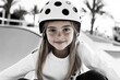 © Sanchai - A teenage girl skateboarding at a city skate park, wearing streetwear and a helmet