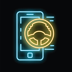 Poster - Neon glowing icon of a smartphone displaying a steering wheel, suggesting a mobile game or driving app
